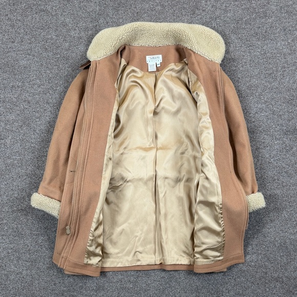Talbots Wool Barn Chore Jacket Tan Sherpa Collar Women’s Size 14 Mid Length Coat - Picture 3 of 9
